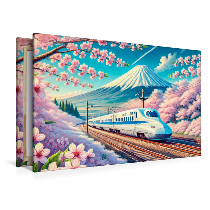 Premium Textil-Leinwand Hochgeschwindigkeitszug vor dem Fujiyama