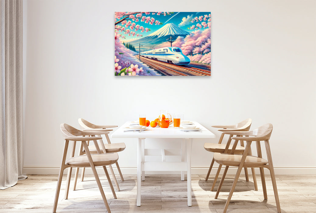 Premium Textil-Leinwand Hochgeschwindigkeitszug vor dem Fujiyama