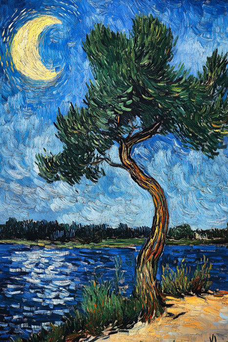 Premium Textil-Leinwand See im Mondschein