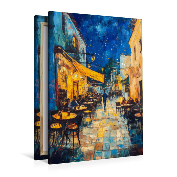 Premium Textil-Leinwand Caféterrasse am Abend KI