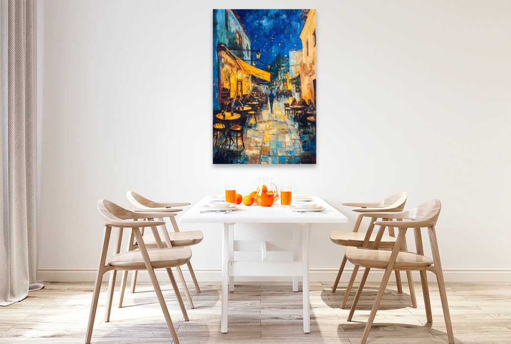 Premium Textil-Leinwand Caféterrasse am Abend KI