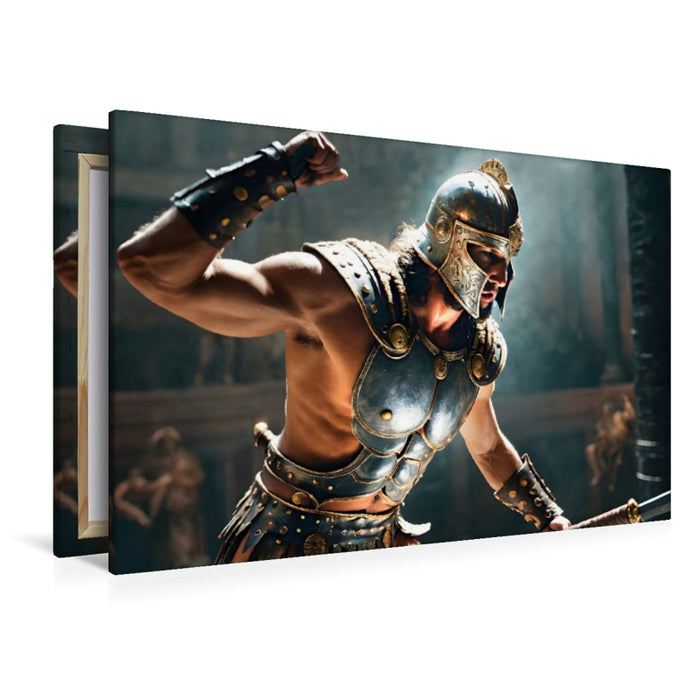 Premium Textil-Leinwand Gladiator in Siegespose mit Rüstung und Schwert