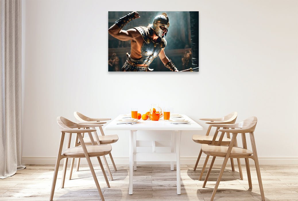 Premium Textil-Leinwand Gladiator in Siegespose mit Rüstung und Schwert