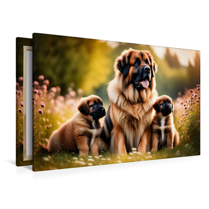 Premium Textil-Leinwand Leonberger mit Welpen