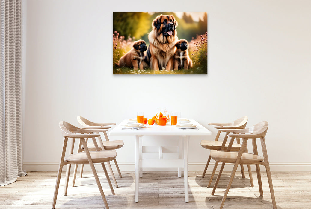 Premium Textil-Leinwand Leonberger mit Welpen
