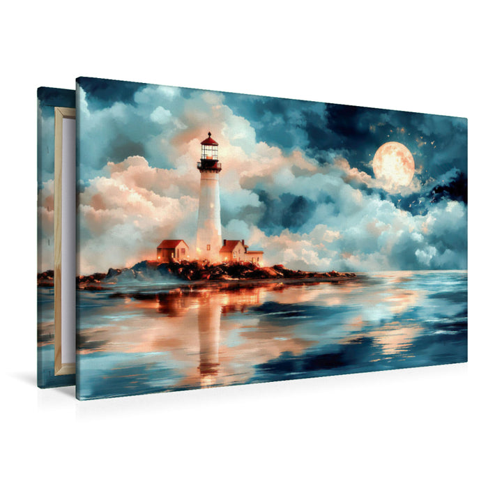 Premium Textil-Leinwand Leuchtturm im Mondschein
