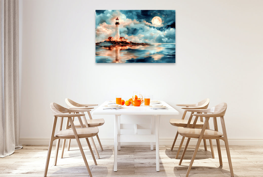 Premium Textil-Leinwand Leuchtturm im Mondschein