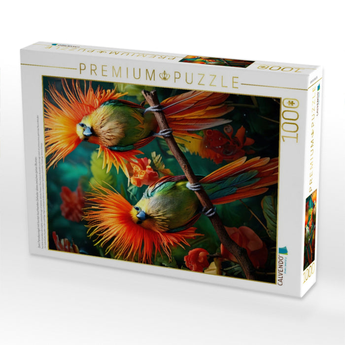 Zwei Paradiesvögel mit bunten leuchtenden Gefieder sitzen zwischen zarten Blumen - CALVENDO Foto-Puzzle'