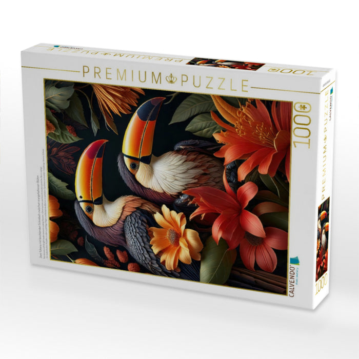 Zwei Tukane mit leuchtenden Schnäbeln zwischen orangefarbenen Blüten - CALVENDO Foto-Puzzle'