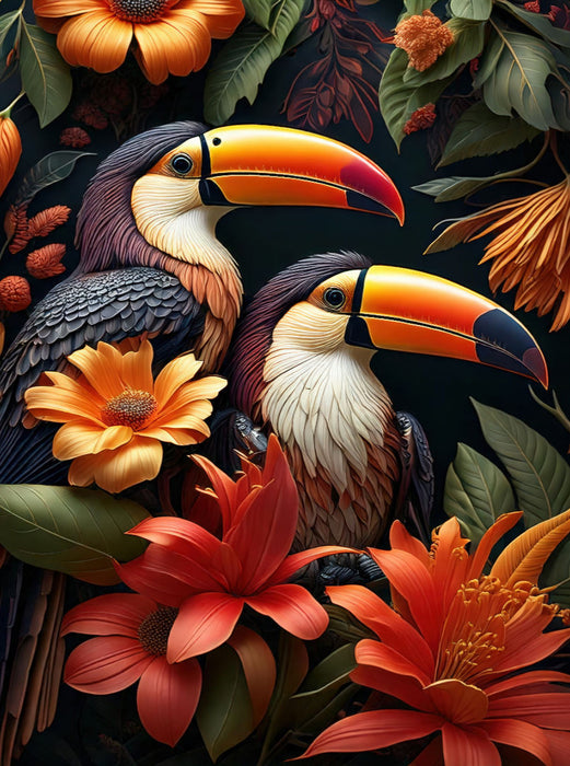 Zwei Tukane mit leuchtenden Schnäbeln zwischen orangefarbenen Blüten - CALVENDO Foto-Puzzle'