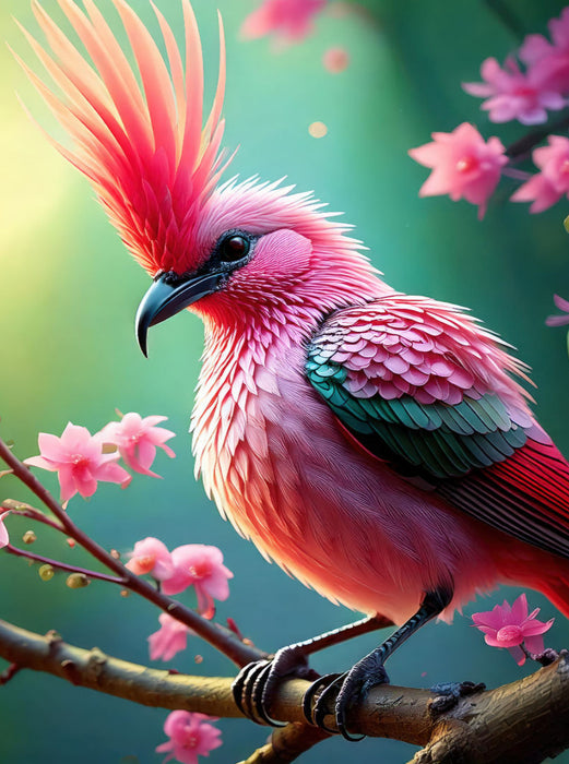 Ein bunter Paradiesvogel mit pinkfarbenen Federkamm inmitten zarten pinkfarbenen Blumen - CALVENDO Foto-Puzzle'