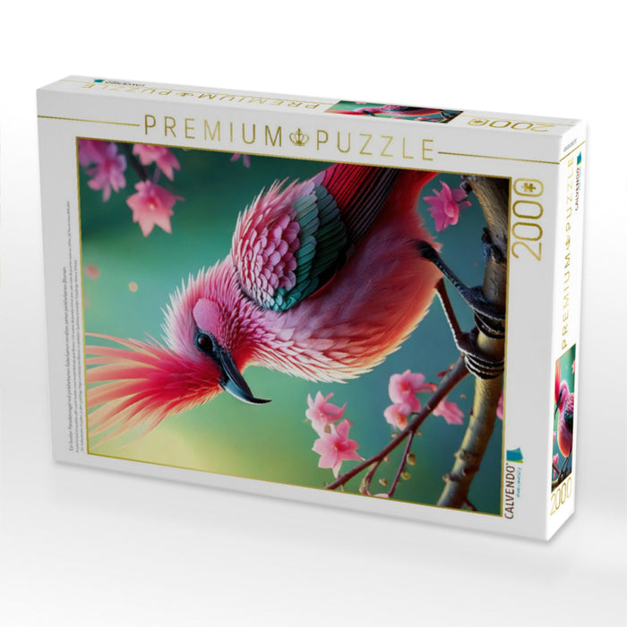 Ein bunter Paradiesvogel mit pinkfarbenen Federkamm inmitten zarten pinkfarbenen Blumen - CALVENDO Foto-Puzzle'