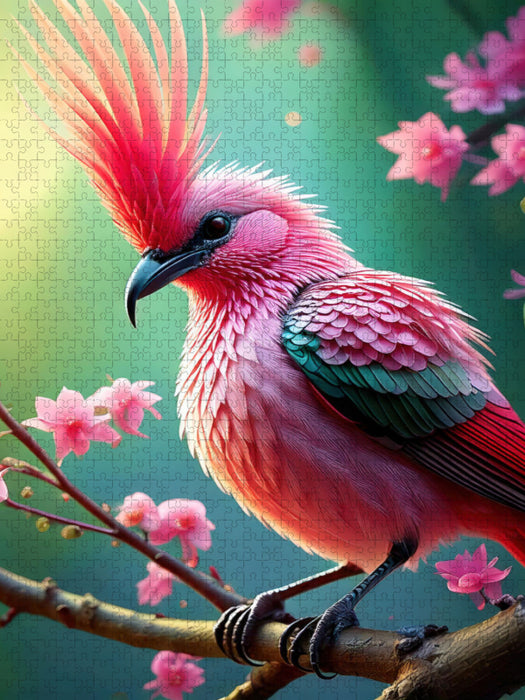 Ein bunter Paradiesvogel mit pinkfarbenen Federkamm inmitten zarten pinkfarbenen Blumen - CALVENDO Foto-Puzzle'