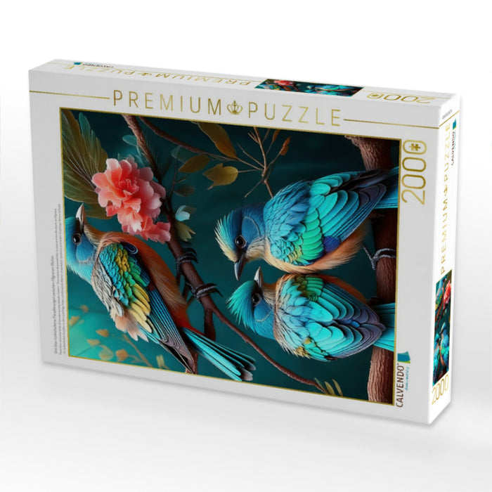 Drei blau türkisfarbene Paradiesvögel zwischen filigranen Blüten - CALVENDO Foto-Puzzle'