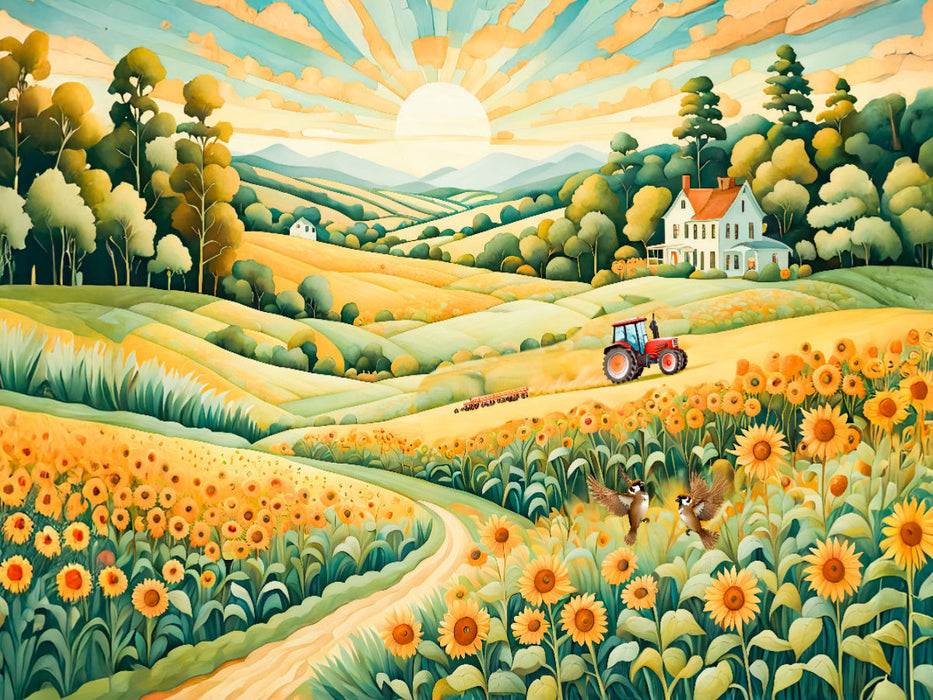 Landschaft mit Sonnenblumenfeld im Morgenlicht - CALVENDO Foto-Puzzle'