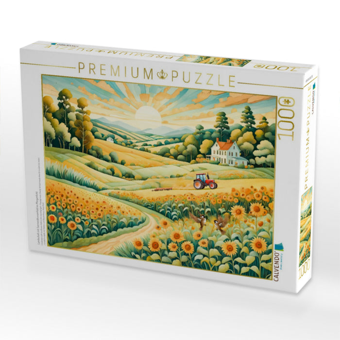Landschaft mit Sonnenblumenfeld im Morgenlicht - CALVENDO Foto-Puzzle'