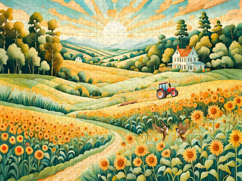 Landschaft mit Sonnenblumenfeld im Morgenlicht - CALVENDO Foto-Puzzle'