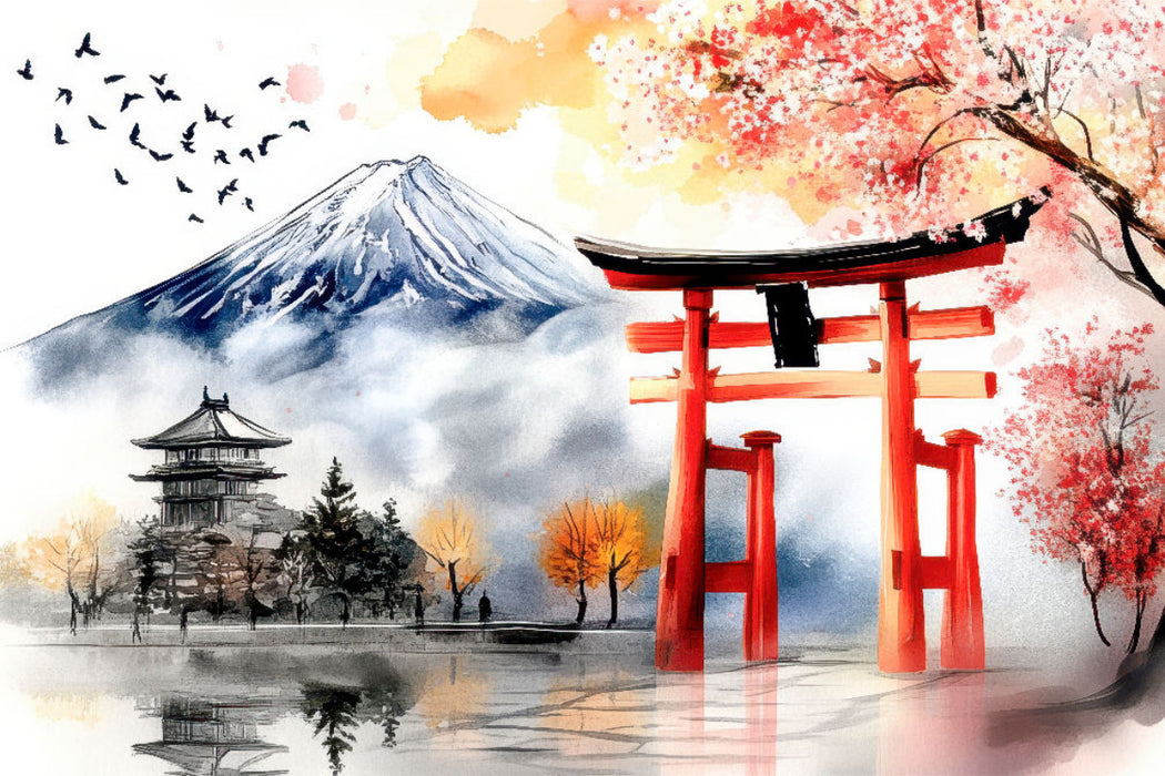 Premium Textil-Leinwand Fuji und Torii - Japan