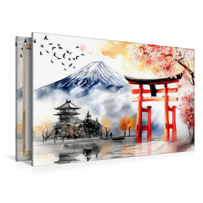 Premium Textil-Leinwand Fuji und Torii - Japan