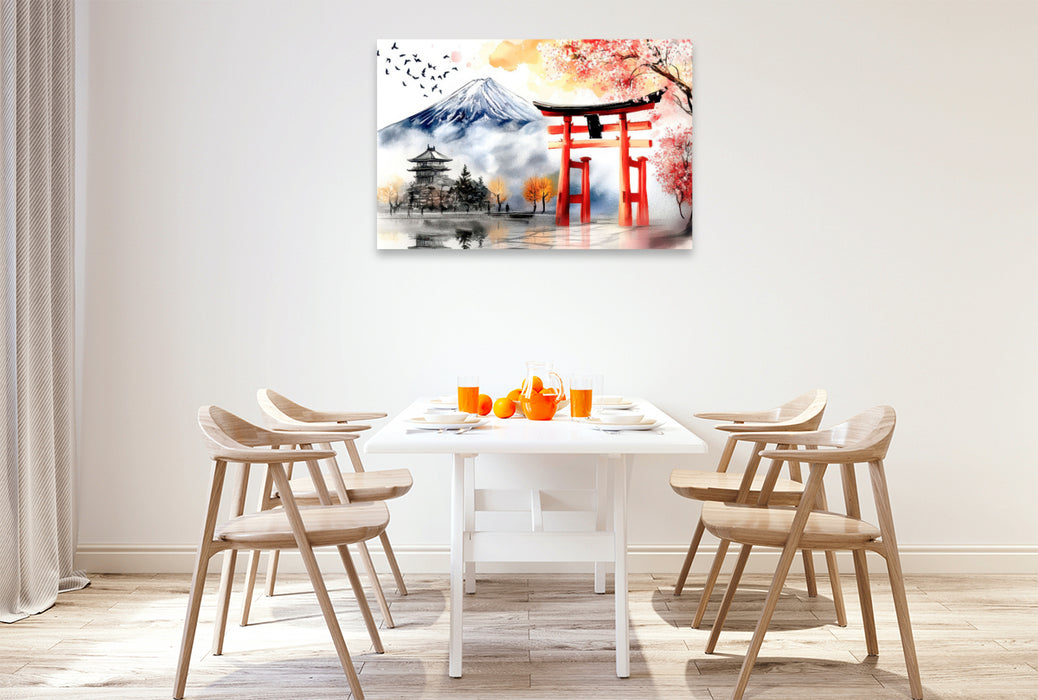 Premium Textil-Leinwand Fuji und Torii - Japan
