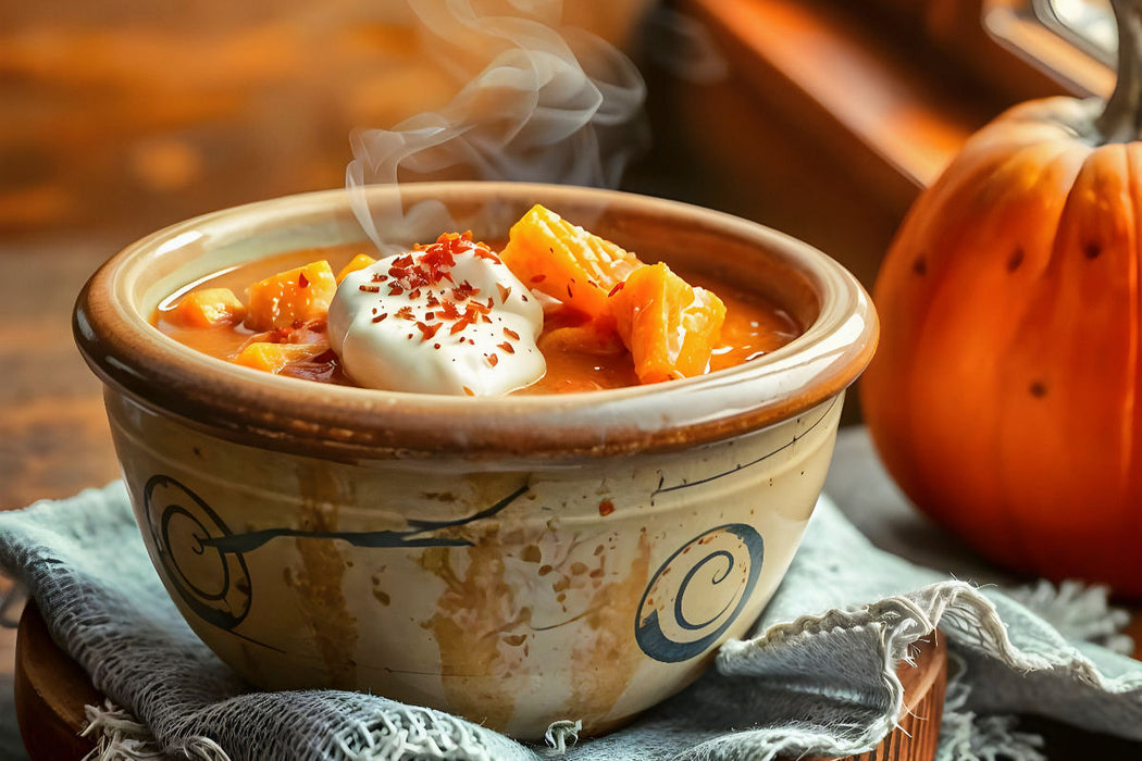 Premium Textil-Leinwand Herbstzauber für die Wand – Ihr Kürbisauflauf in HD