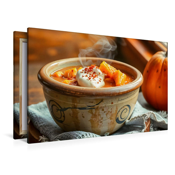 Premium Textil-Leinwand Herbstzauber für die Wand – Ihr Kürbisauflauf in HD