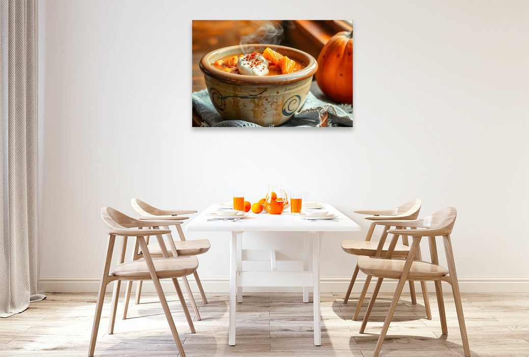 Premium Textil-Leinwand Herbstzauber für die Wand – Ihr Kürbisauflauf in HD
