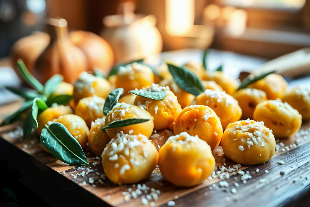 Premium Textil-Leinwand Kunst für die Sinne – Kürbisgnocchi auf HD-Leinwand