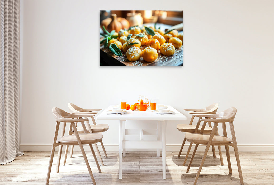 Premium Textil-Leinwand Kunst für die Sinne – Kürbisgnocchi auf HD-Leinwand