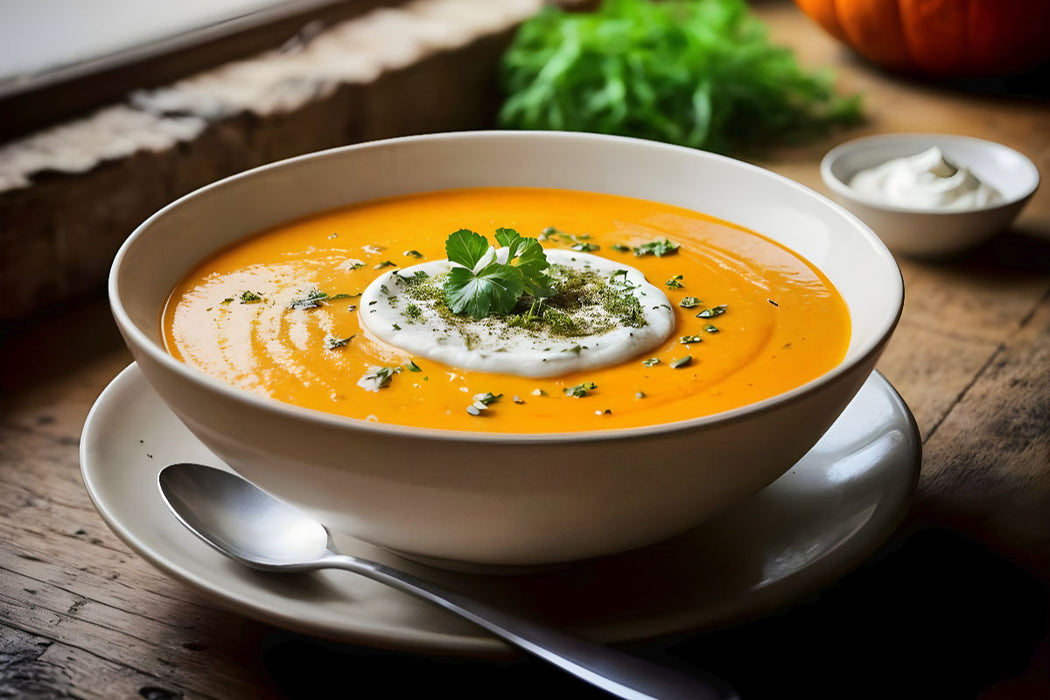 Premium Textil-Leinwand Wärme für die Augen – Kürbissuppe in HD