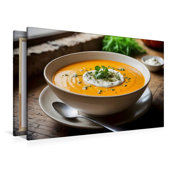 Premium Textil-Leinwand Wärme für die Augen – Kürbissuppe in HD