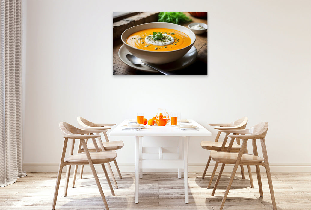 Premium Textil-Leinwand Wärme für die Augen – Kürbissuppe in HD