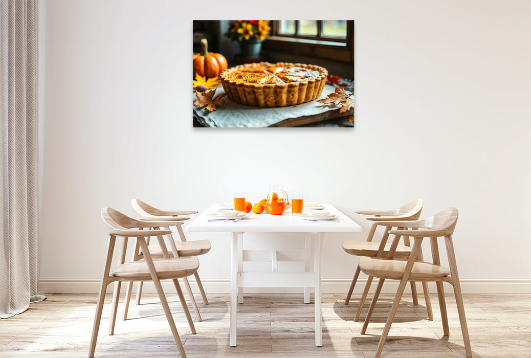 Premium Textil-Leinwand Herbstlicher Genuss für die Wand – Kürbisquiche in HD