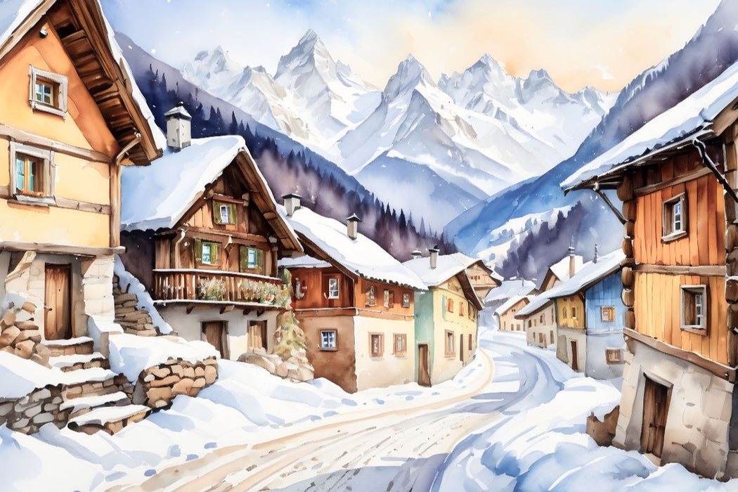 Premium Textil-Leinwand Verschneites Dorf In den Alpen