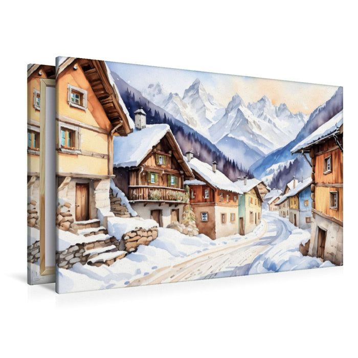 Premium Textil-Leinwand Verschneites Dorf In den Alpen