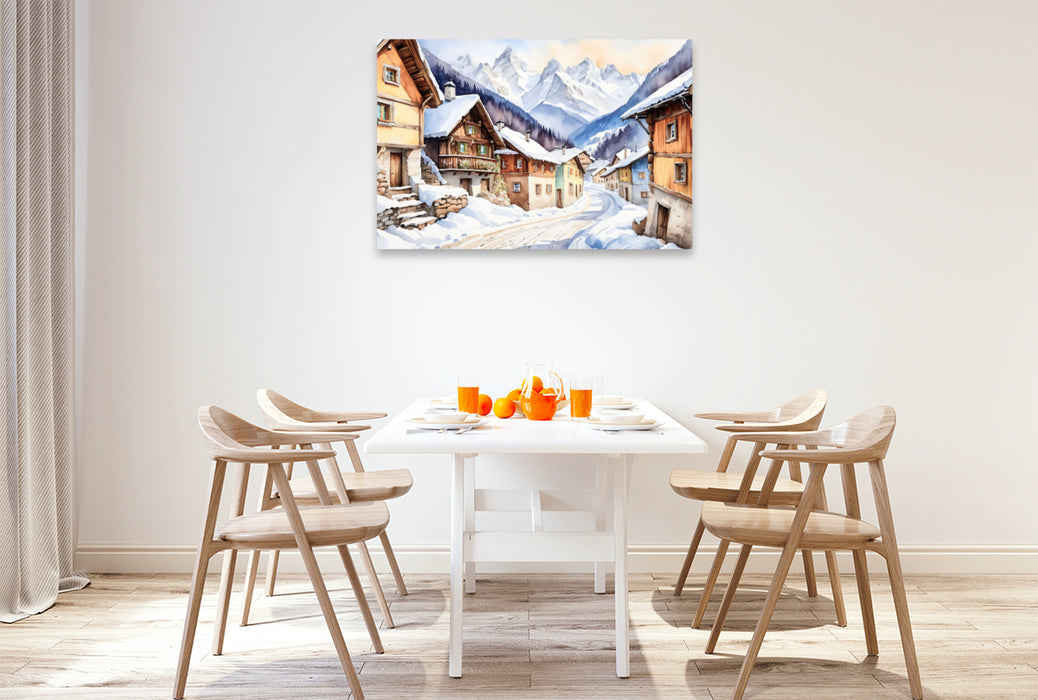 Premium Textil-Leinwand Verschneites Dorf In den Alpen
