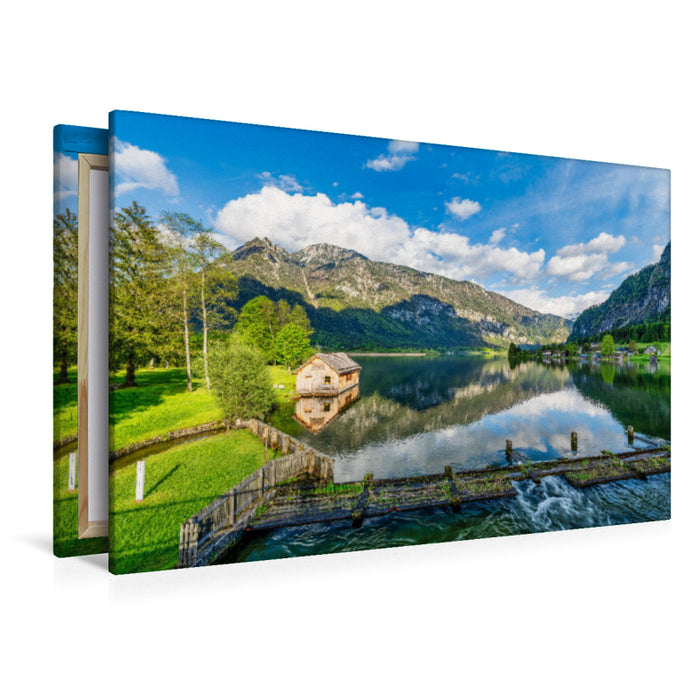 Premium Textil-Leinwand Bootshaus am See bei Hallstatt