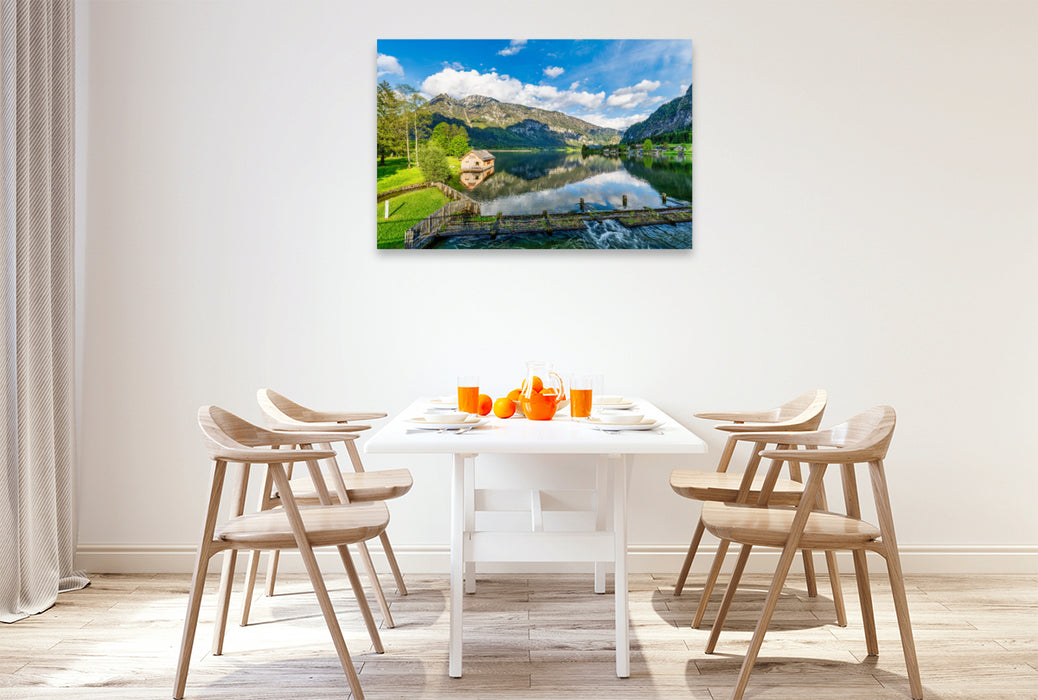 Premium Textil-Leinwand Bootshaus am See bei Hallstatt