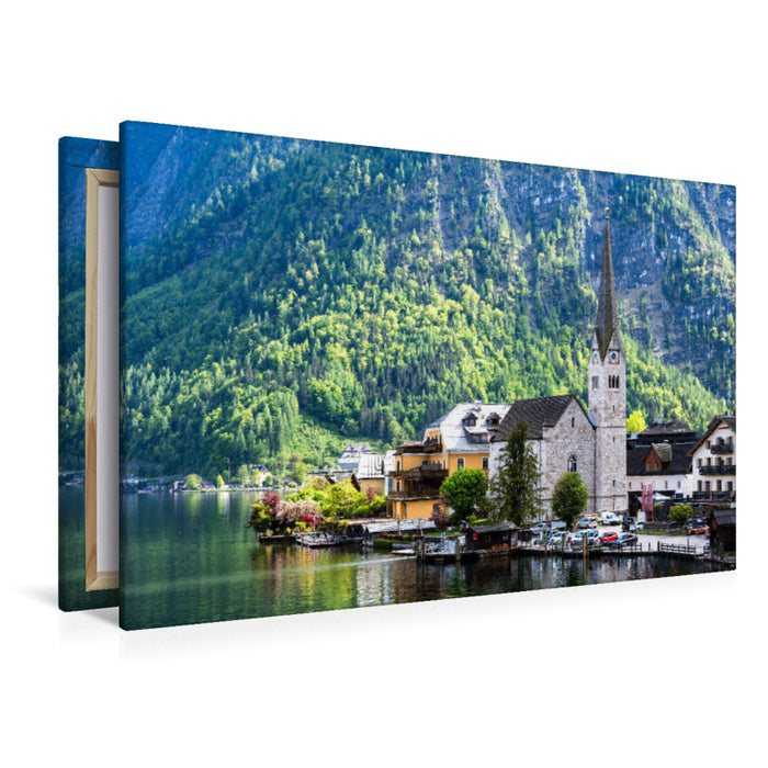 Premium Textil-Leinwand Ein Blick auf die Kirche von Hallstatt