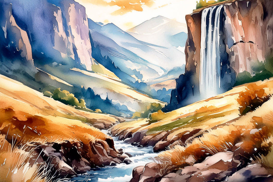 Premium Textil-Leinwand Gebirgstal mit einem mächtigen Wasserfall