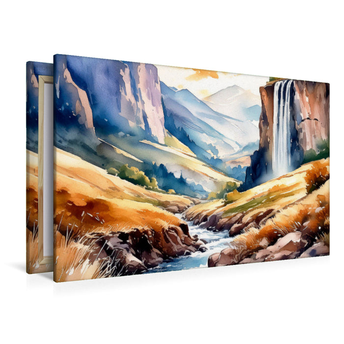 Premium Textil-Leinwand Gebirgstal mit einem mächtigen Wasserfall