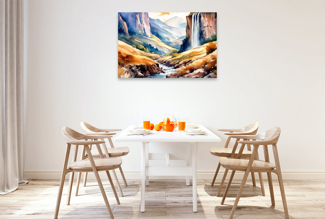 Premium Textil-Leinwand Gebirgstal mit einem mächtigen Wasserfall