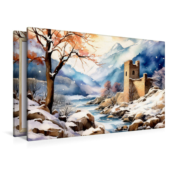 Premium Textil-Leinwand Schnee fällt auf den Gebirgsbach und die Burgruine.