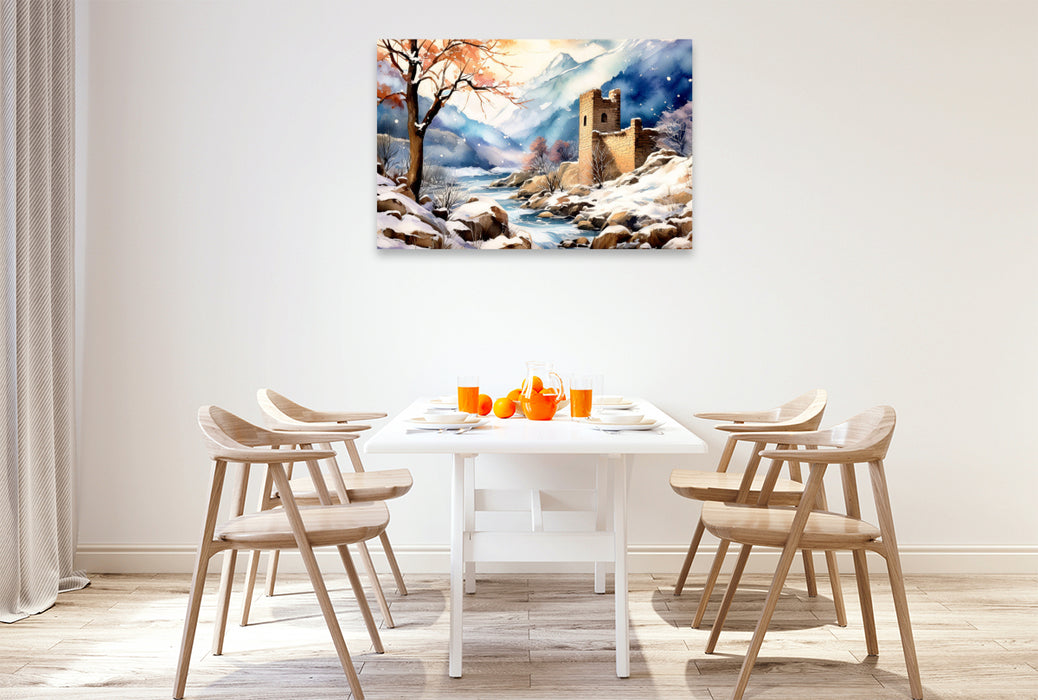Premium Textil-Leinwand Schnee fällt auf den Gebirgsbach und die Burgruine.