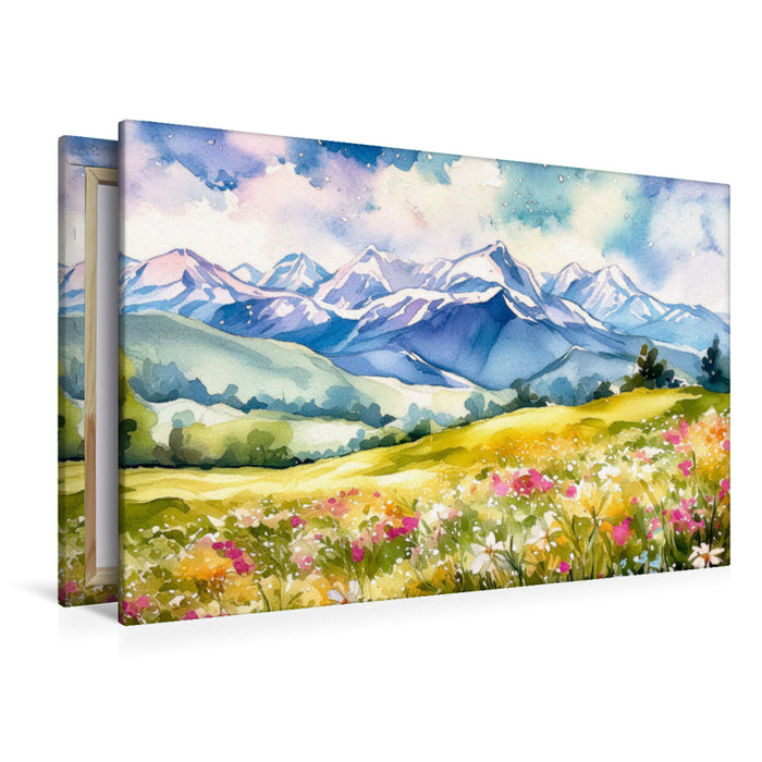 Premium Textil-Leinwand Gras und Frühlingsblumen vor verschneitem Alpenkamm