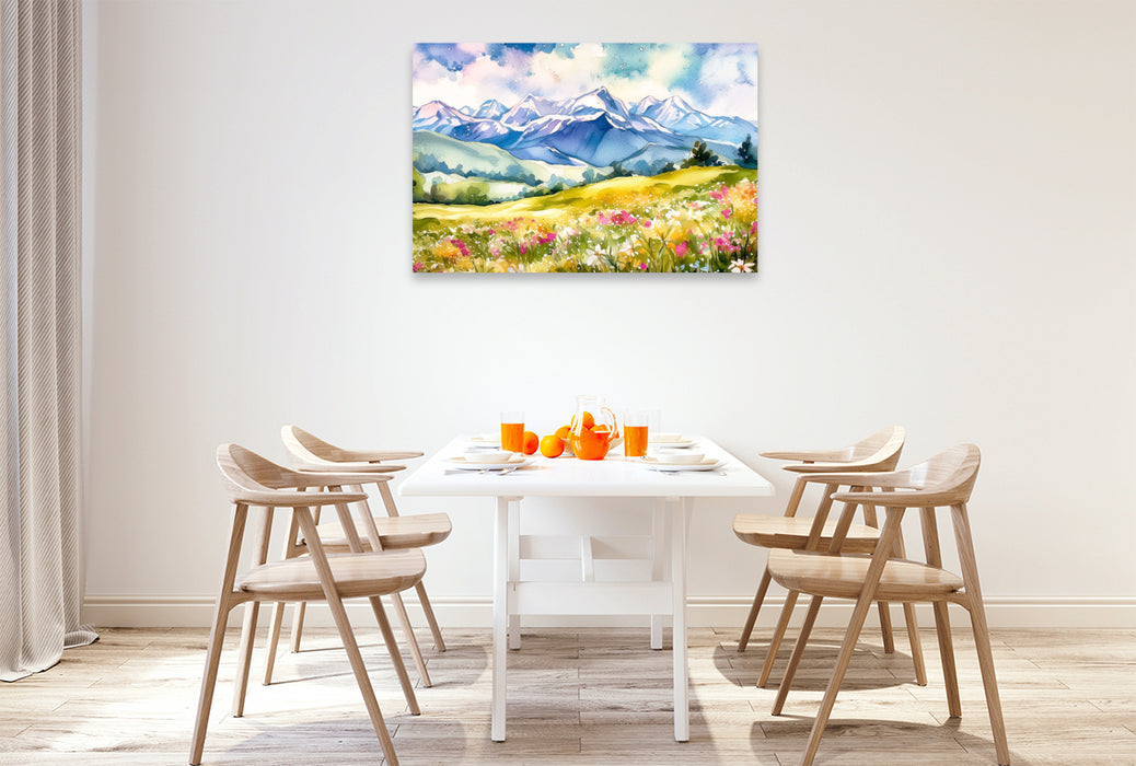 Premium Textil-Leinwand Gras und Frühlingsblumen vor verschneitem Alpenkamm