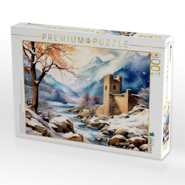 Schnee fällt auf den Gebirgsbach und die Burgruine. - CALVENDO Foto-Puzzle'