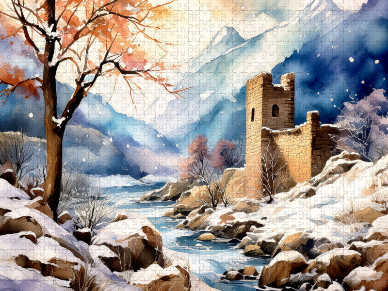 Schnee fällt auf den Gebirgsbach und die Burgruine. - CALVENDO Foto-Puzzle'