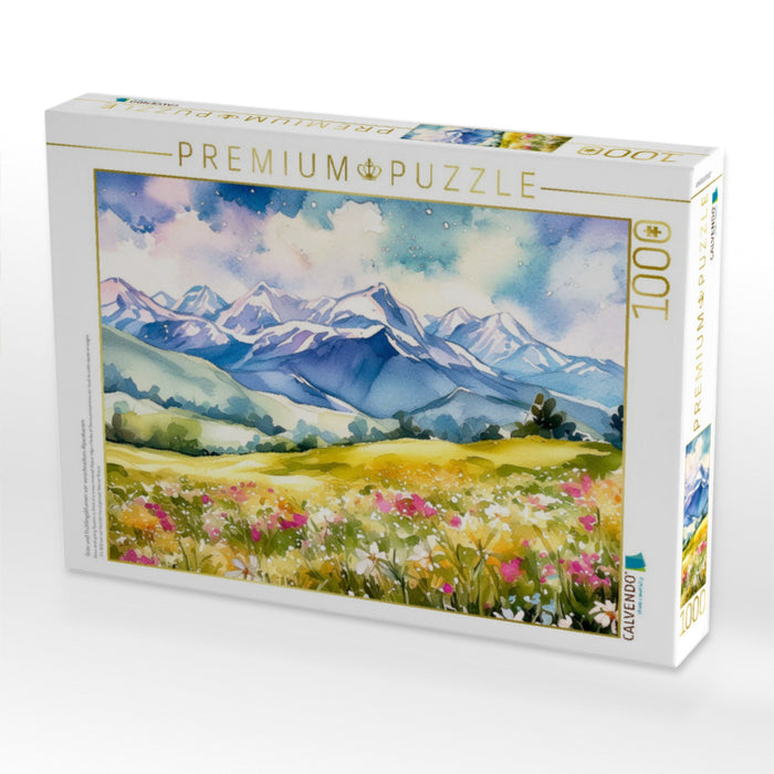 Gras und Frühlingsblumen vor verschneitem Alpenkamm - CALVENDO Foto-Puzzle'
