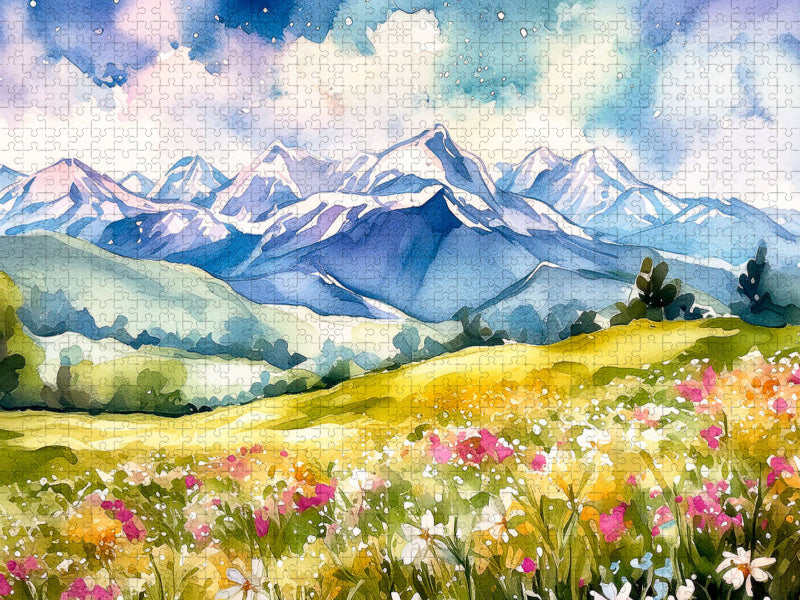 Gras und Frühlingsblumen vor verschneitem Alpenkamm - CALVENDO Foto-Puzzle'
